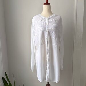 J. Jill Classic White Blouse Large Oversized Button Down Smocked Front top